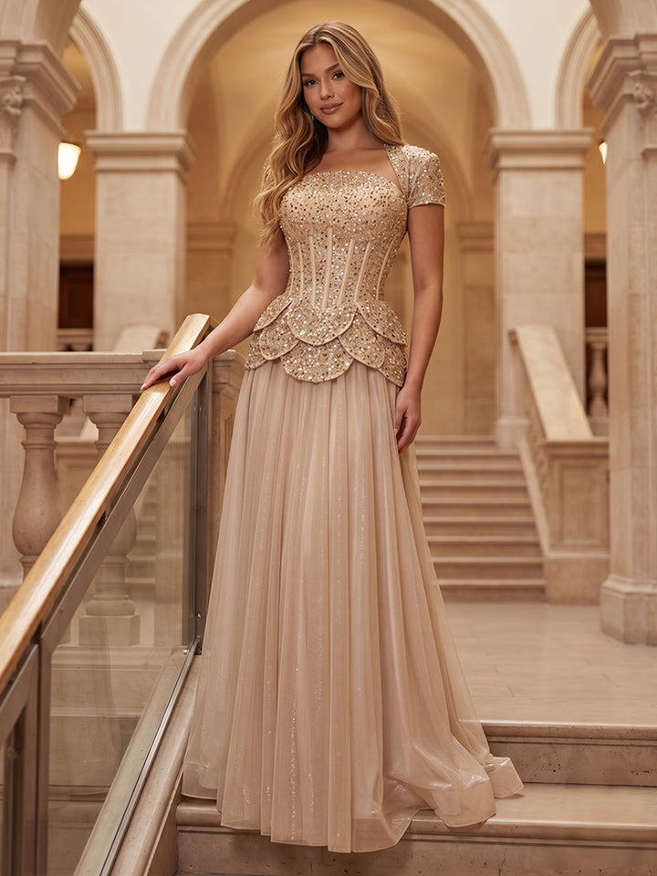 Sequin Sheath Round Neck Corset Pleats Evening Dresses