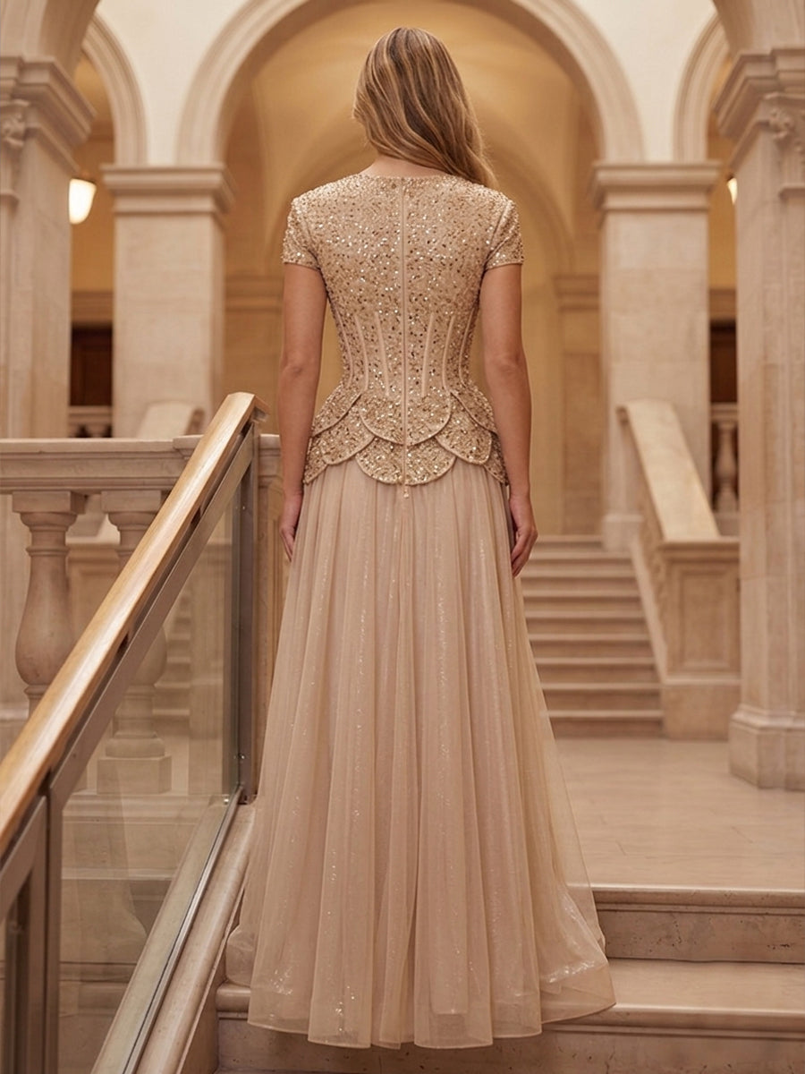 Sequin Sheath Round Neck Corset Pleats Evening Dresses