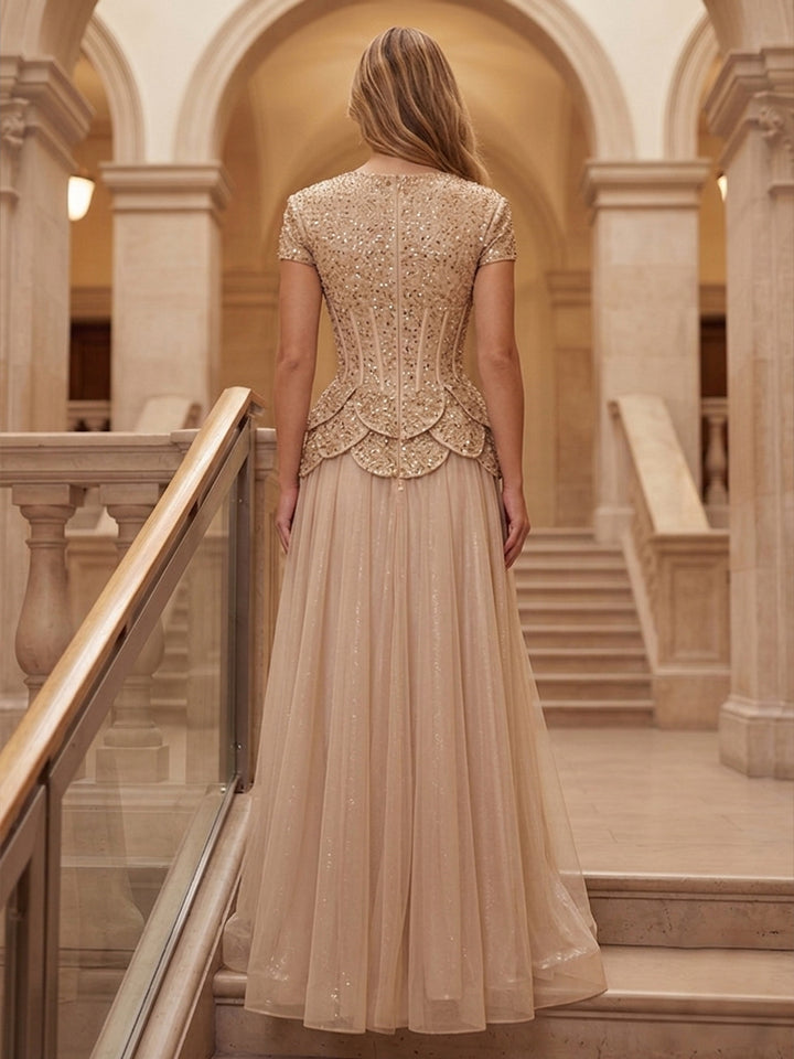 Sequin Sheath Round Neck Corset Pleats Evening Dresses