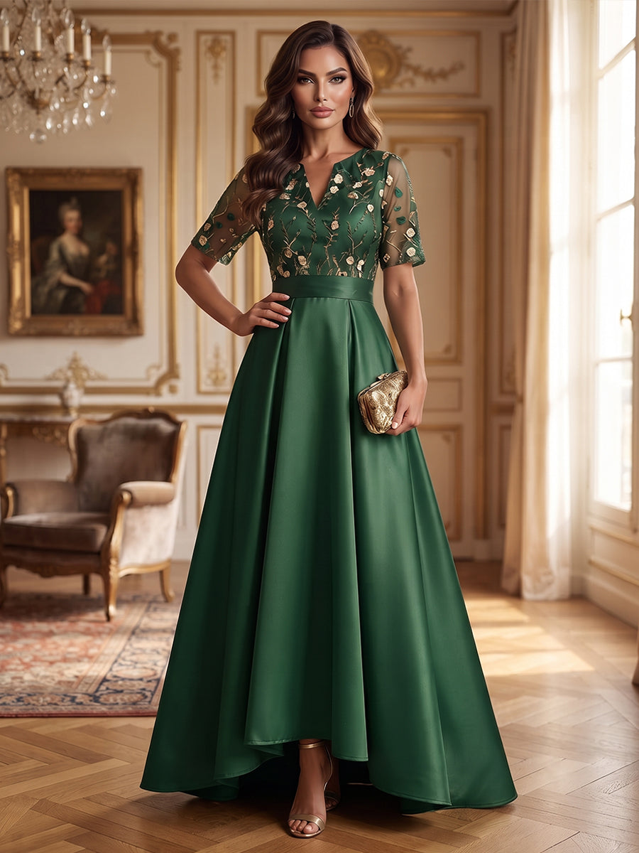 Satin A Line V Neck Embroidery Ruched Mother of the Bride Dresses