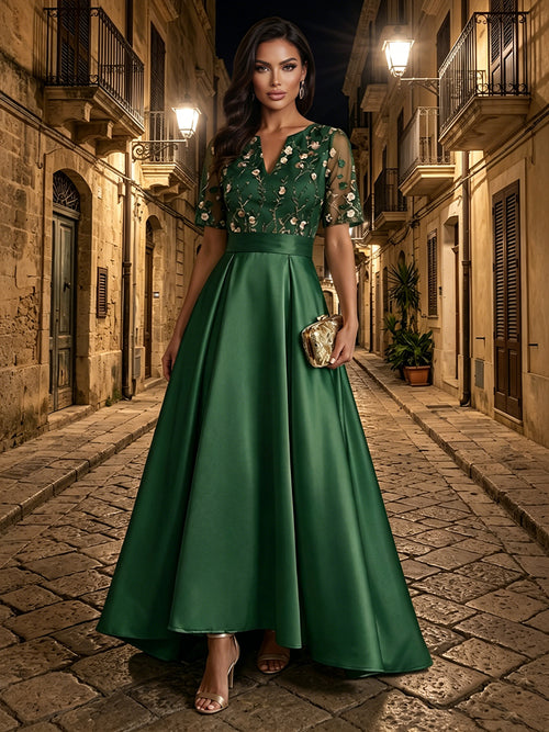 Satin A Line V Neck Embroidery Ruched Evening Dresses