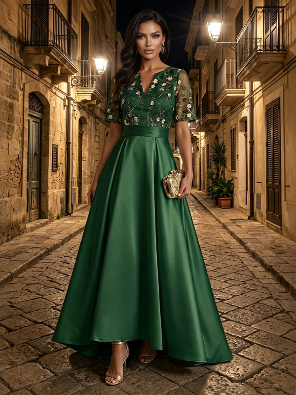 Satin A Line V Neck Embroidery Ruched Evening Dresses