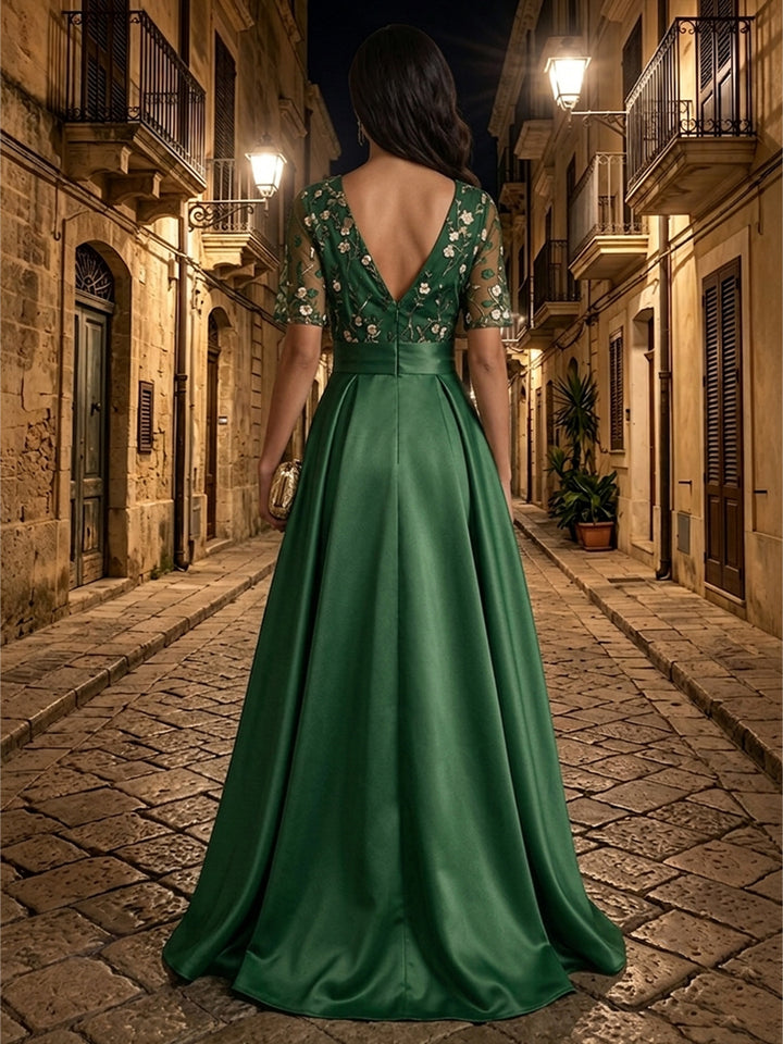 Satin A Line V Neck Embroidery Ruched Mother of the Bride Dresses