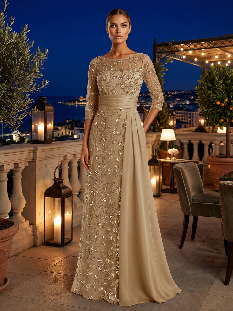 Sequin Floral Sheath Scoop Neck Sash Ruched Evening Dresses