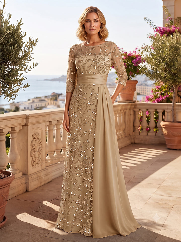 Sequin Floral Sheath Scoop Neck Sash Ruched Mother of the Bride Dresses
