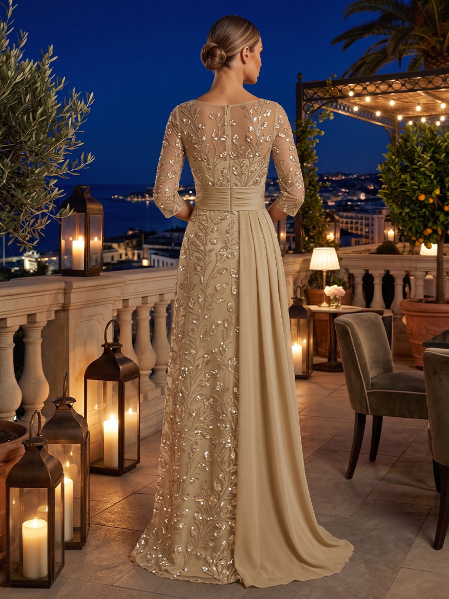 Sequin Floral Sheath Scoop Neck Sash Ruched Mother of the Bride Dresses
