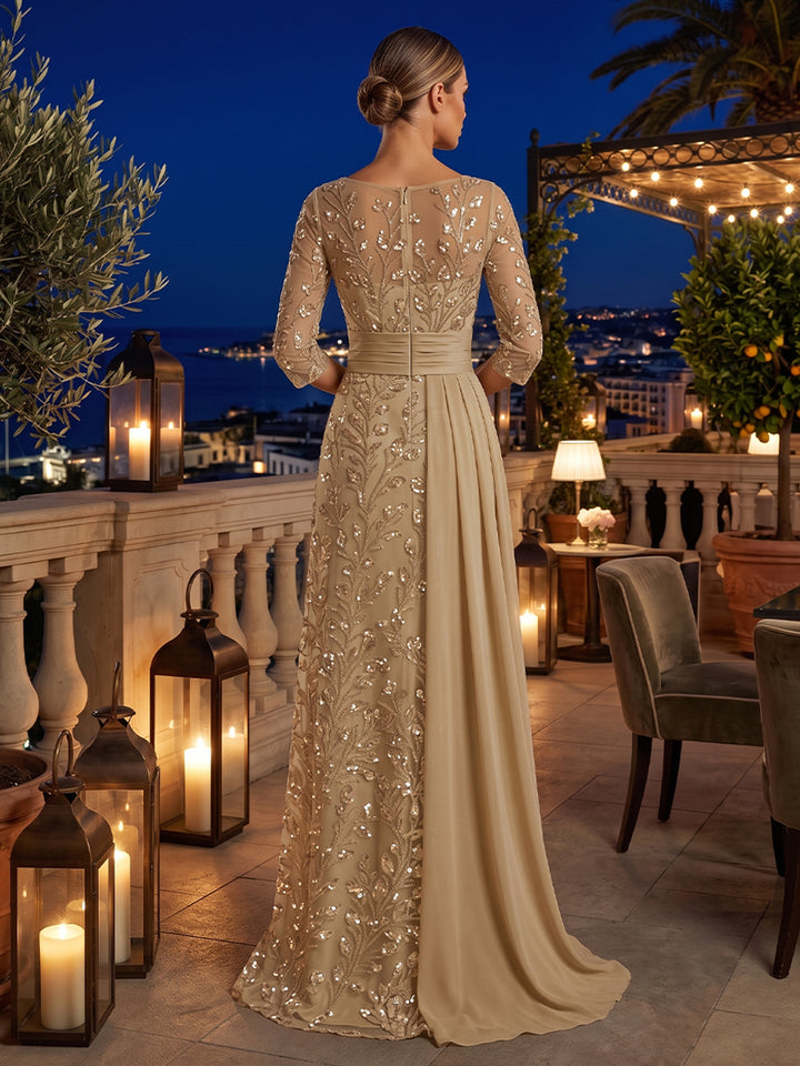 Sequin Floral Sheath Scoop Neck Sash Ruched Mother of the Bride Dresses