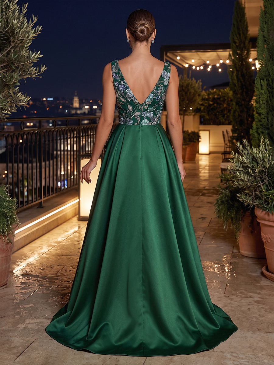 Satin A Line V Neck Side Slit Sash Evening Dresses