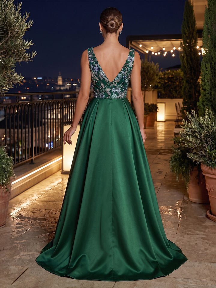Satin A Line V Neck Side Slit Sash Evening Dresses