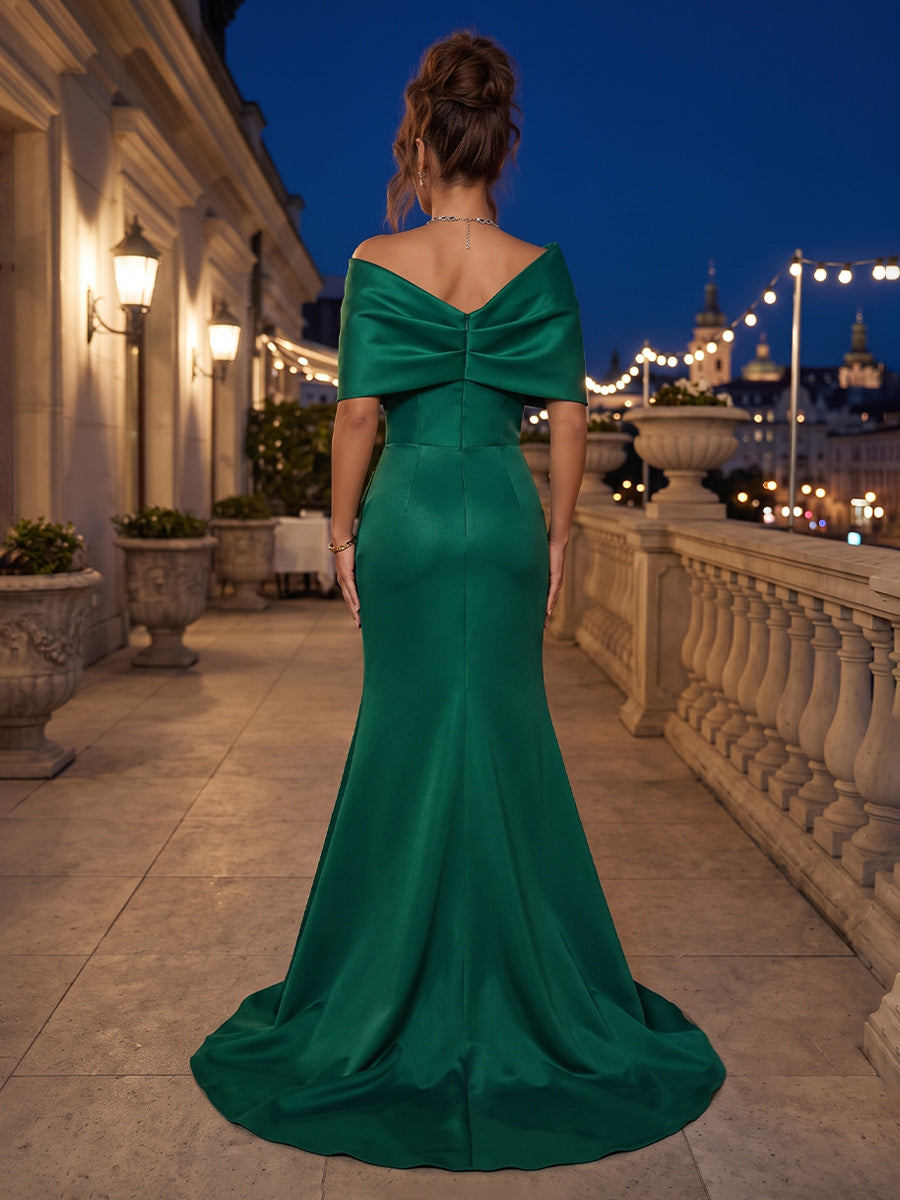 Satin Mermaid Off the Shoulder Side Slit Pleats Evening Dresses