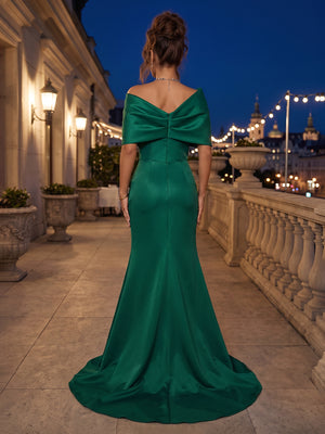 Satin Mermaid Off the Shoulder Side Slit Pleats Evening Dresses