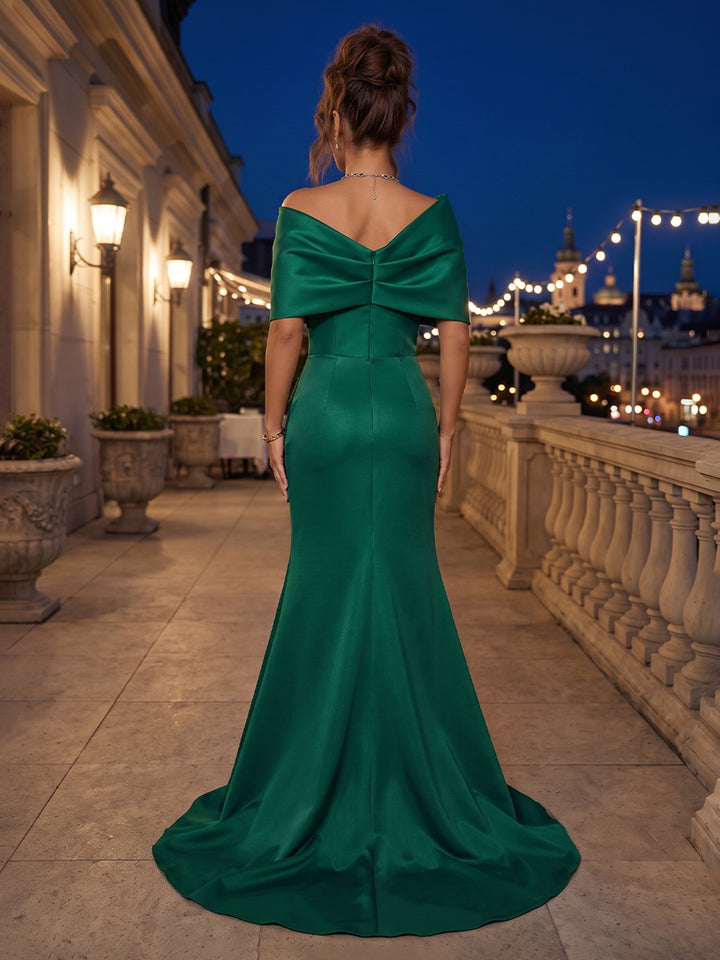 Satin Mermaid Off the Shoulder Side Slit Pleats Evening Dresses