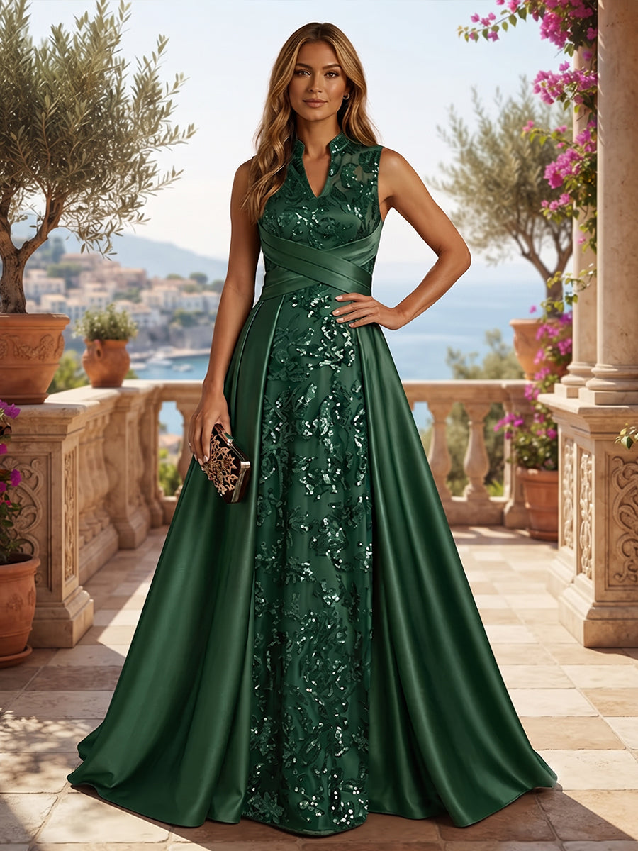 Satin A Line High Neck Sequin Floral Ruched Mother of the Bride Dresses