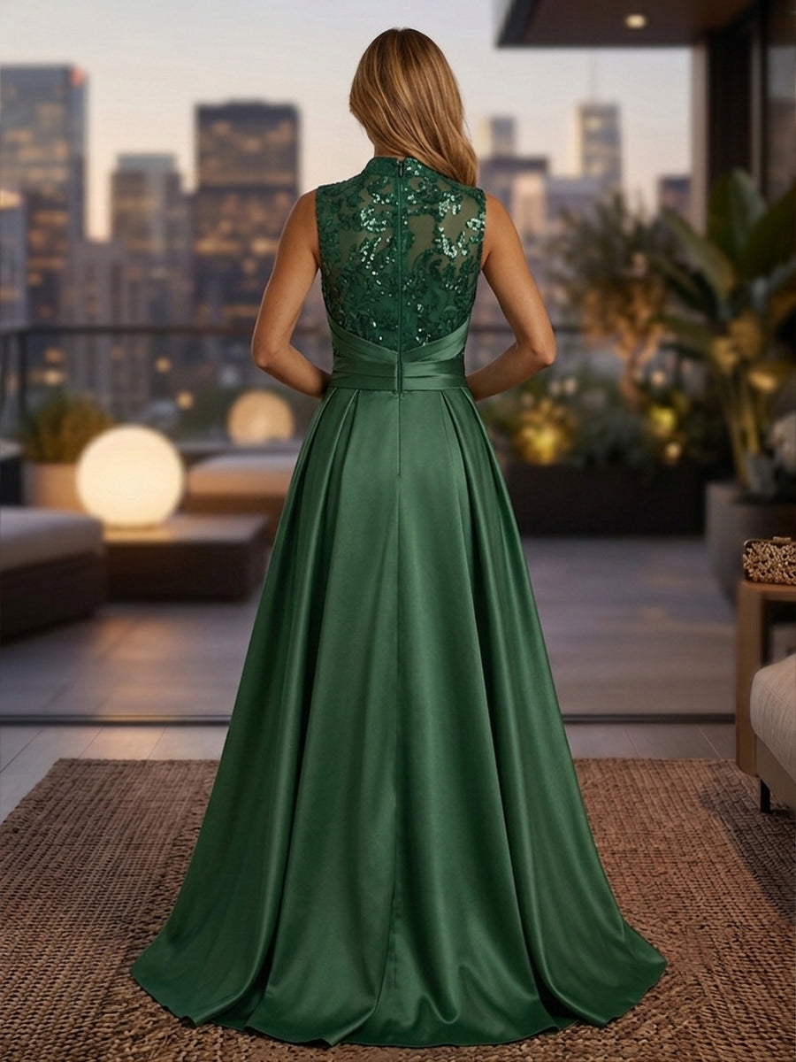 Satin A Line High Neck Sequin Floral Ruched Mother of the Bride Dresses