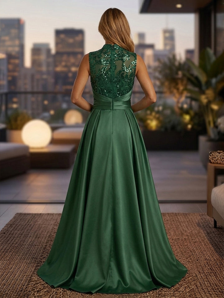 Satin A Line High Neck Sequin Floral Ruched Mother of the Bride Dresses