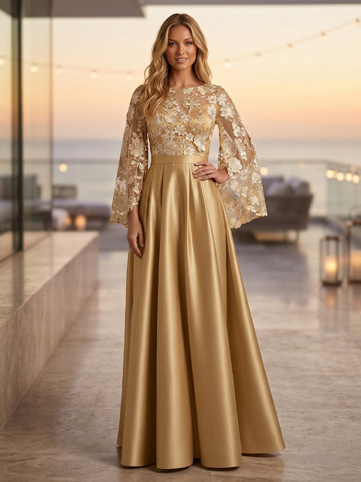 Satin Sheath Scoop Neck Sequin Floral Ruched Evening Dresses