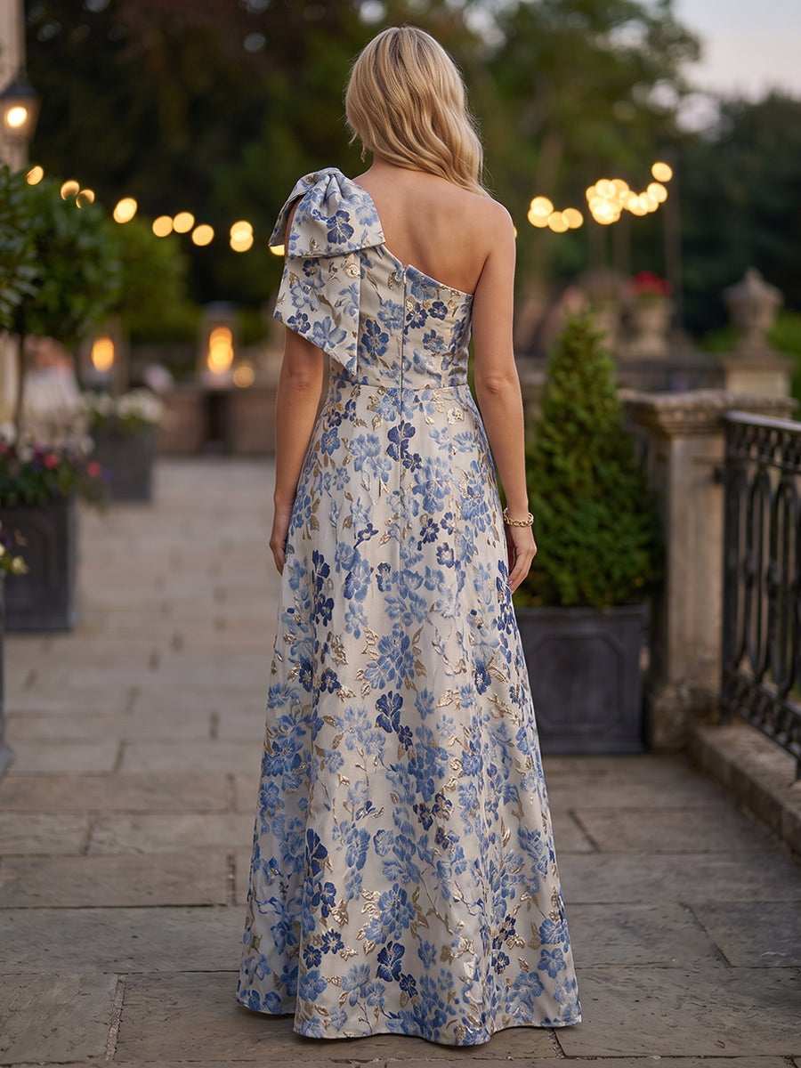 Jacquard A Line One Shoulder Bow Pleats Evening Dresses