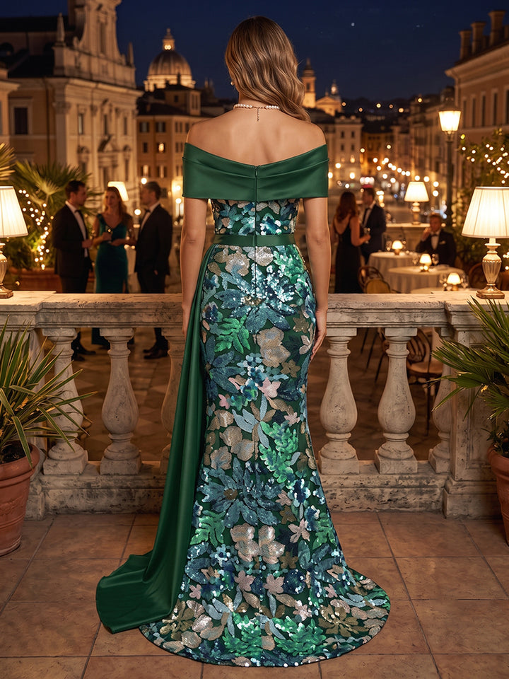 Sequin Floral Mermaid Off the Shoulder Sash Ruched Mother of the Bride Dresses