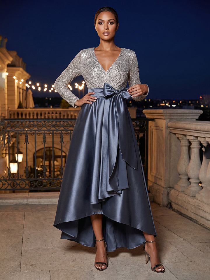 Satin High Low V Neck Sequin Pleats Evening Dresses