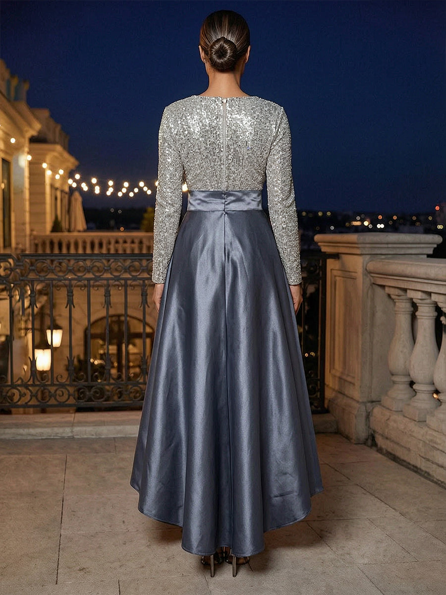 Satin High Low V Neck Sequin Pleats Evening Dresses