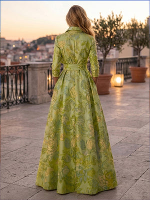 Jacquard A Line High Neck Front Slit Pleats Evening Dresses