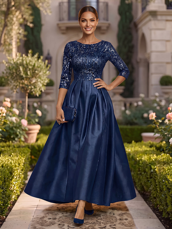 Satin A Line Scoop Neck Sequin Ruched Mother of the Bride Dresses