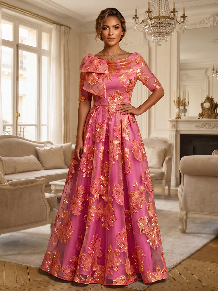 Jacquard A Line Cowl Neck Bow Ruched Mother of the Bride Dresses