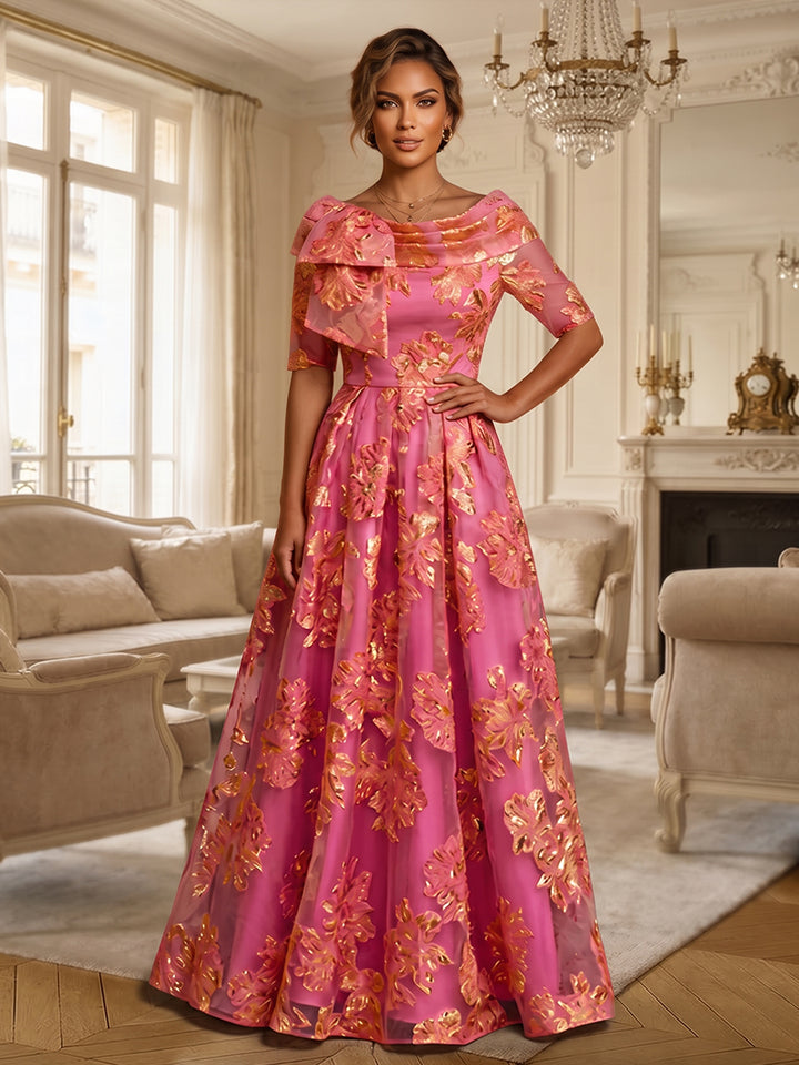 Jacquard A Line Cowl Neck Bow Ruched Mother of the Bride Dresses