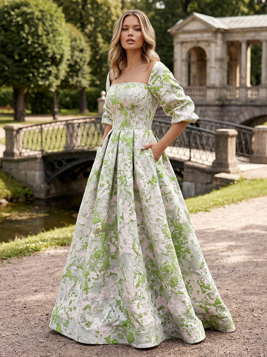 Jacquard A Line Square Neck Pleats Ruched Evening Dresses