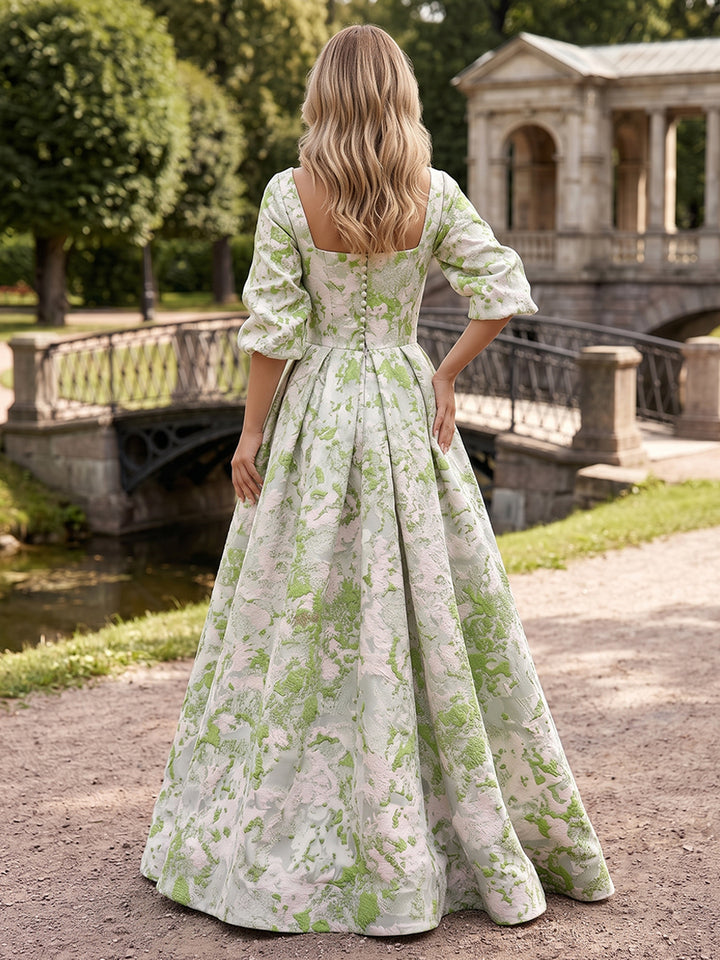 Jacquard A Line Square Neck Pleats Ruched Evening Dresses