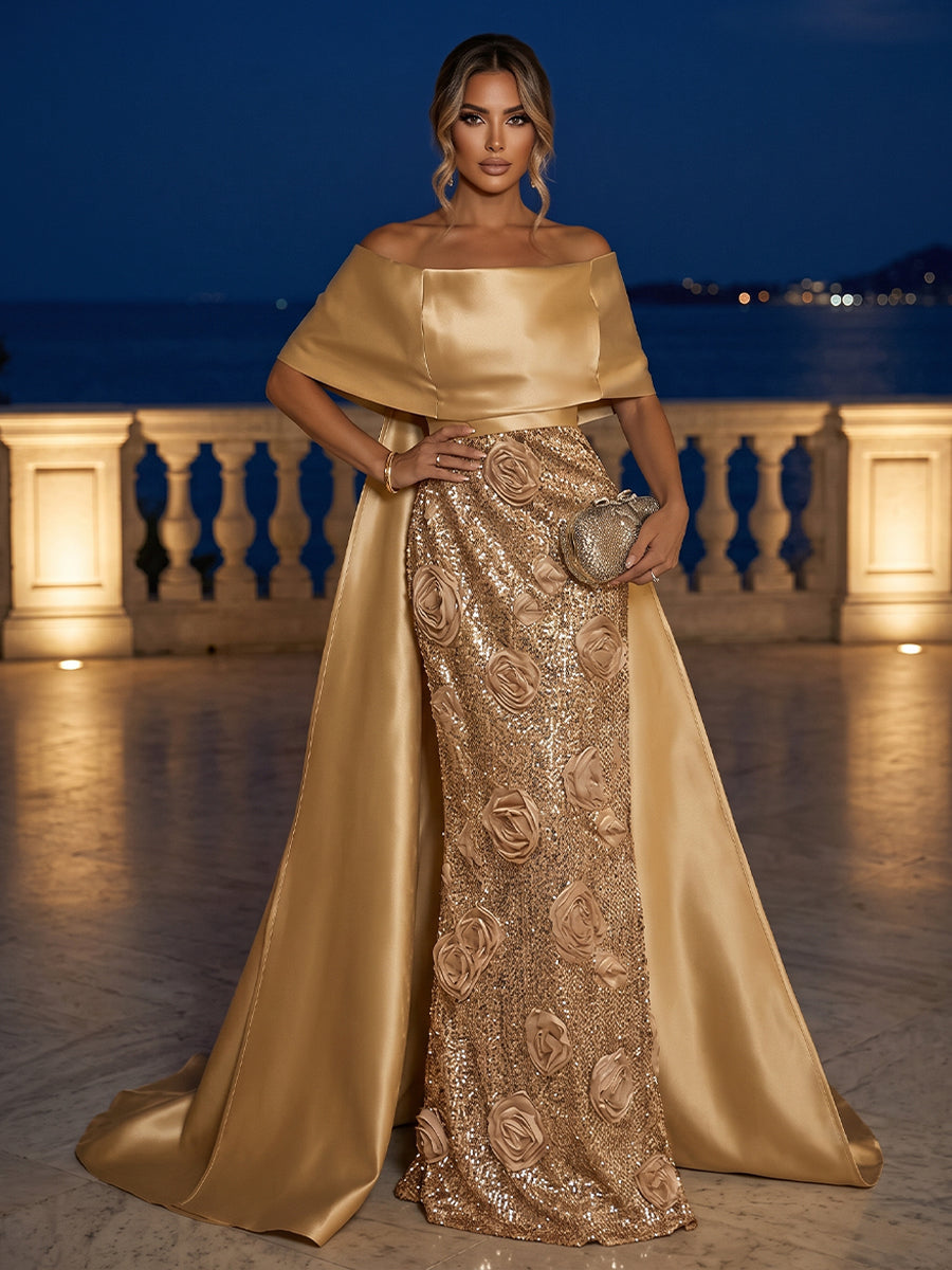 Sequin Floral A Line Off the Shoulder Glitter elegent Evening Dresses