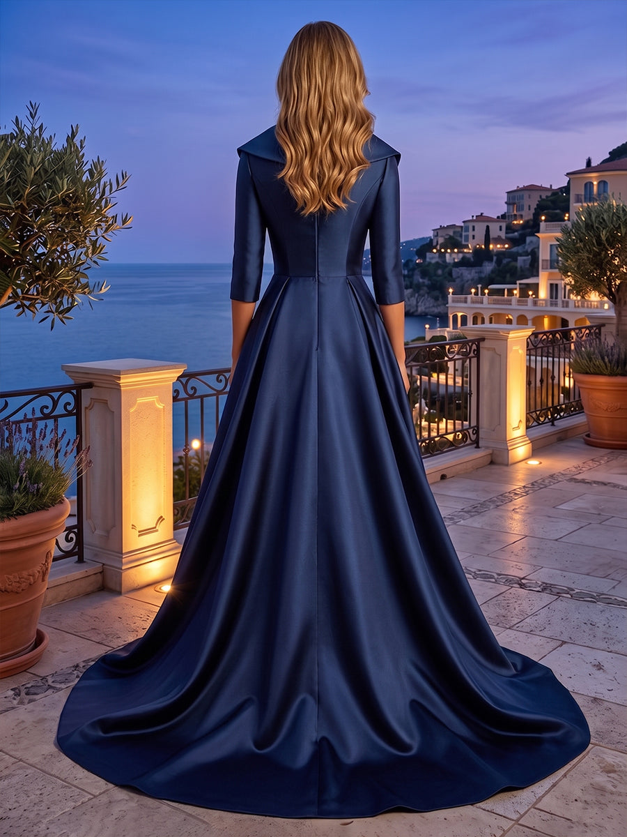 Satin A Line V Neck Lace Appliques Ruched Mother of the Bride Dresses