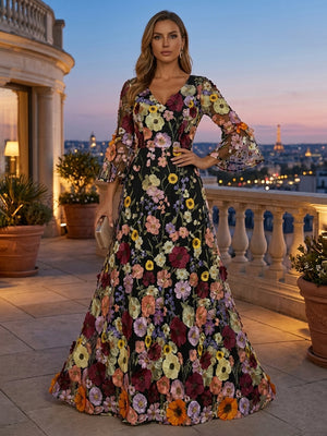 Embroidery A Line V Neck Pleats Ruched Evening Dresses