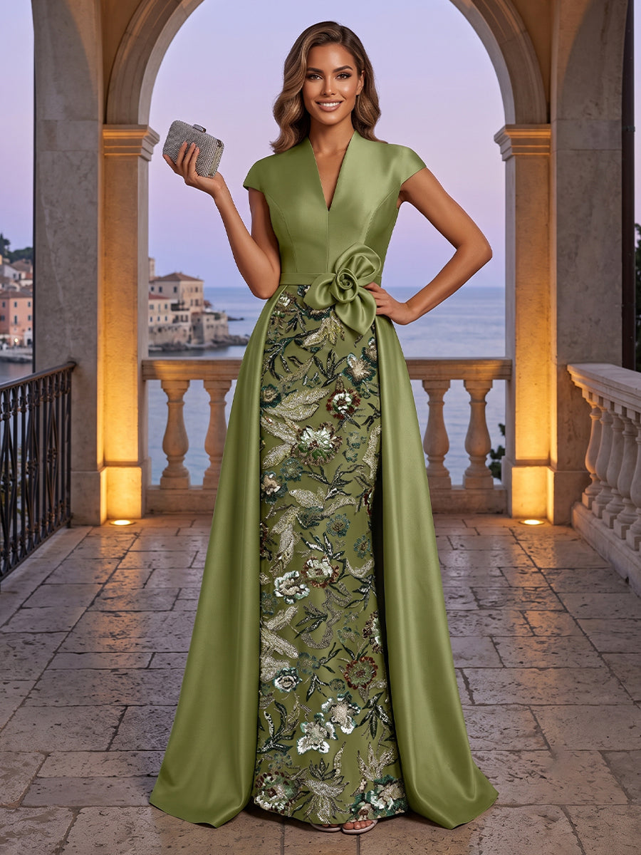 Satin Sheath V Neck Sequin Floral Ruched Evening Dresses