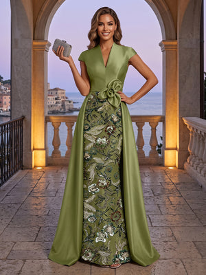 Satin Sheath V Neck Sequin Floral Ruched Evening Dresses