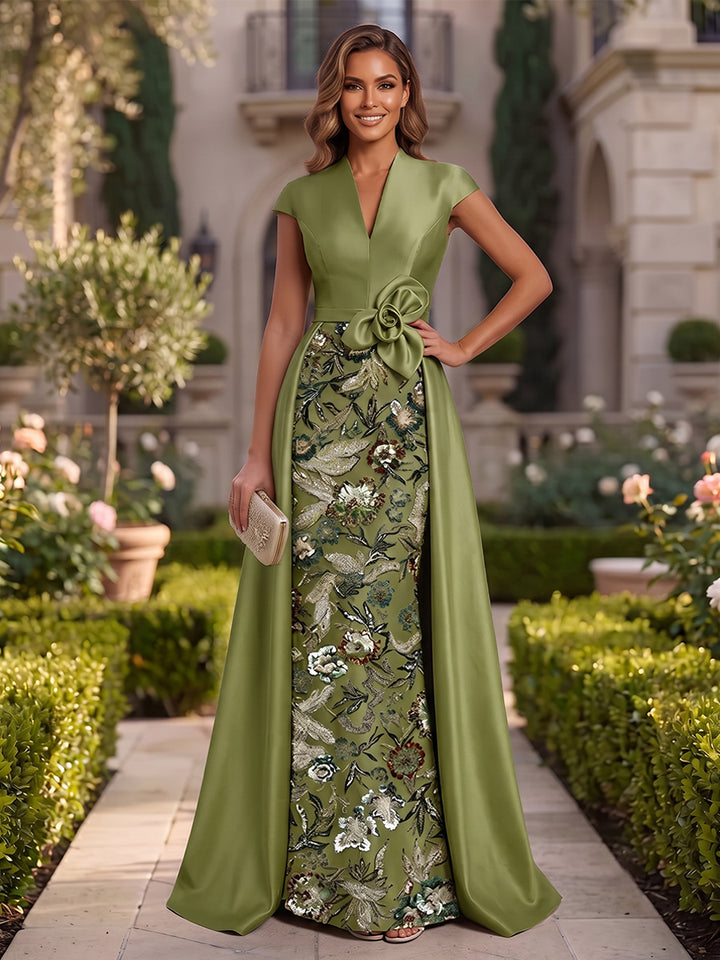 Satin Sheath V Neck Sequin Floral Ruched Mother of the Bride Dresses