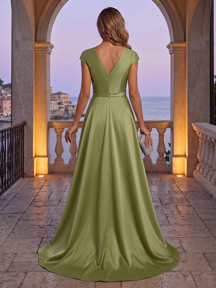 Satin Sheath V Neck Sequin Floral Ruched Mother of the Bride Dresses