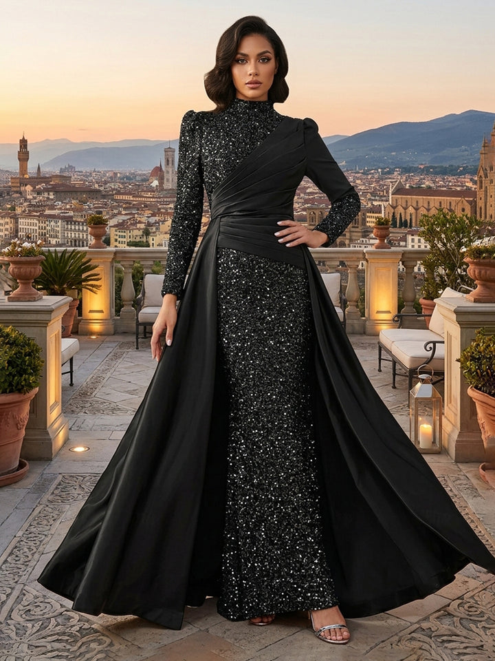 Sequin A Line High Neck Pleats Ruched Evening Dresses