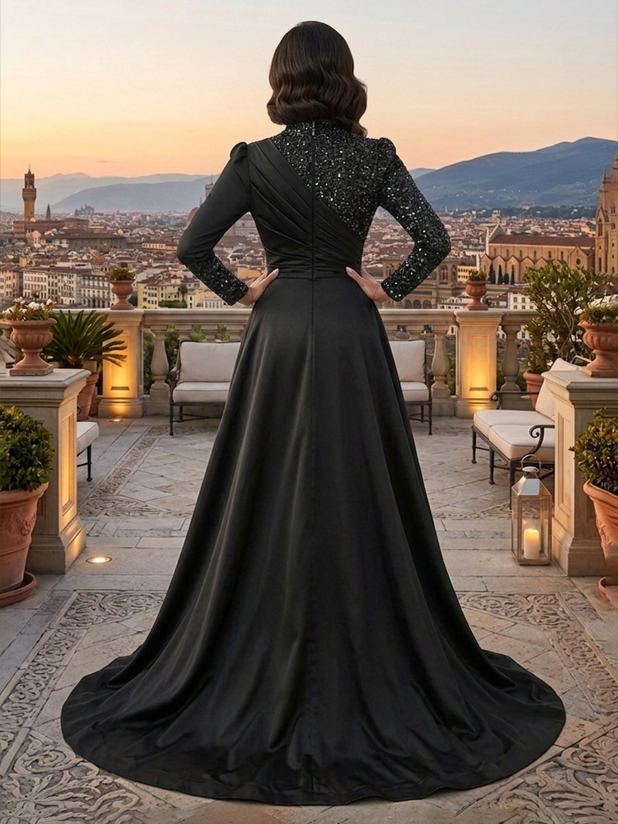 Sequin A Line High Neck Pleats Ruched Evening Dresses