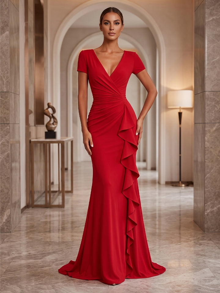 Stretch Mesh Mermaid V Neck Ruffles Ruched Evening Dresses