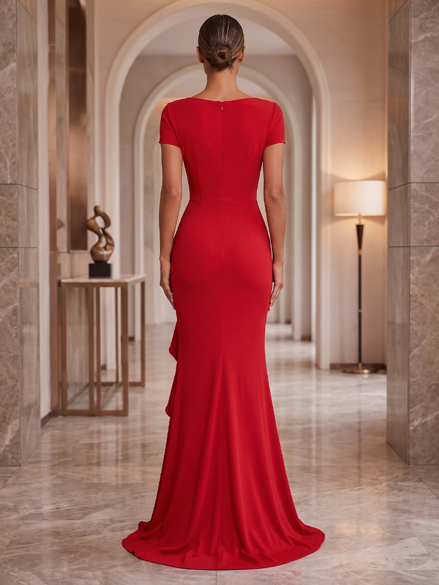 Stretch Mesh Mermaid V Neck Ruffles Ruched Evening Dresses