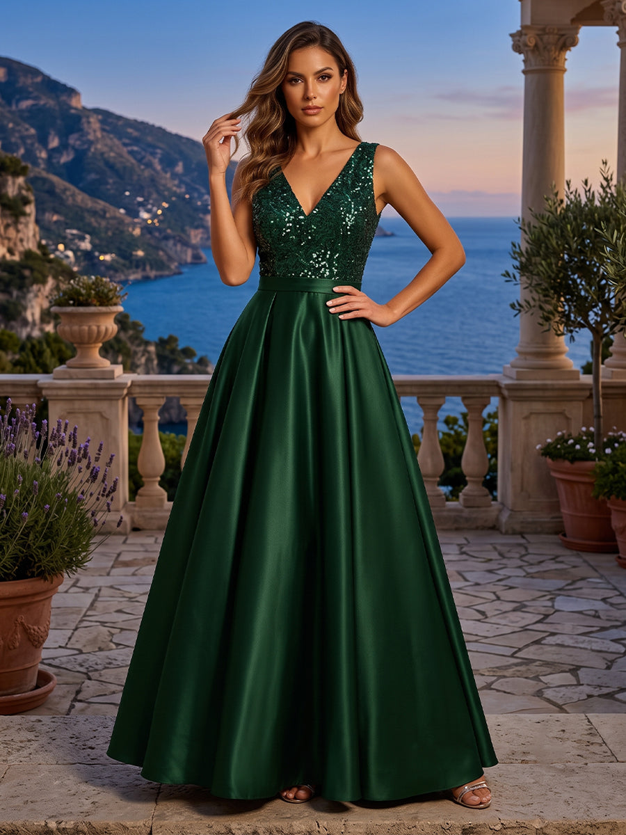 Satin A Line V Neck Sequin Ruched Evening Dresses