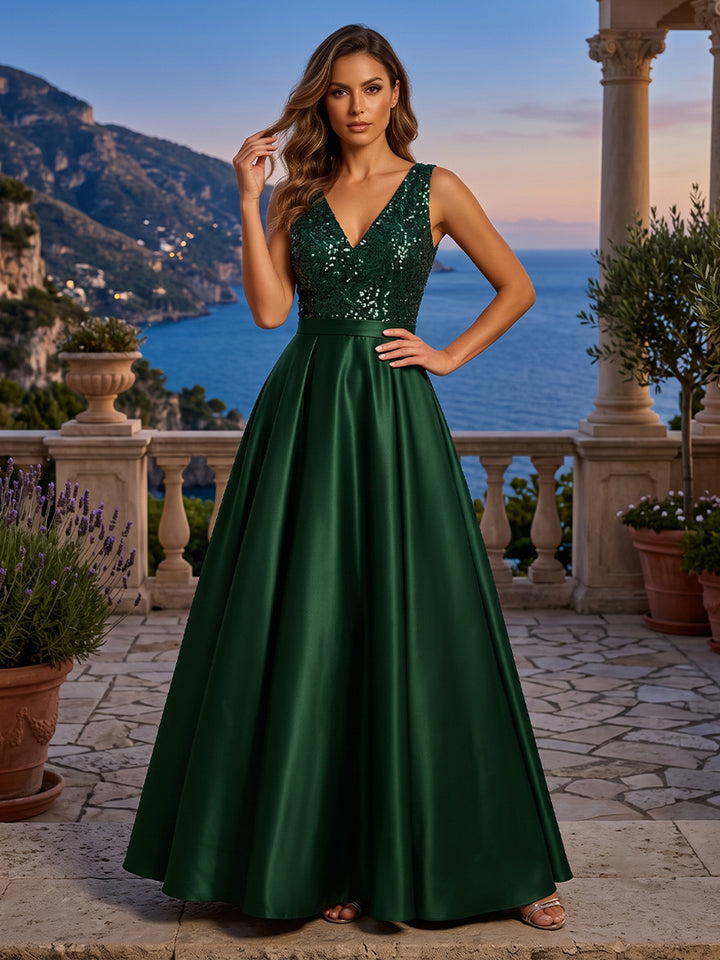 Satin A Line V Neck Sequin Ruched Evening Dresses