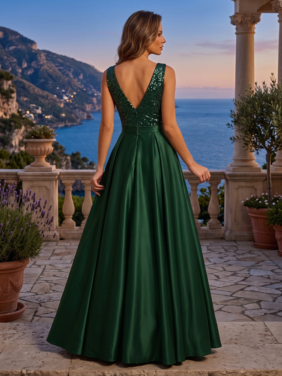 Satin A Line V Neck Sequin Ruched Evening Dresses