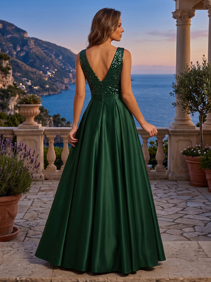 Satin A Line V Neck Sequin Ruched Evening Dresses