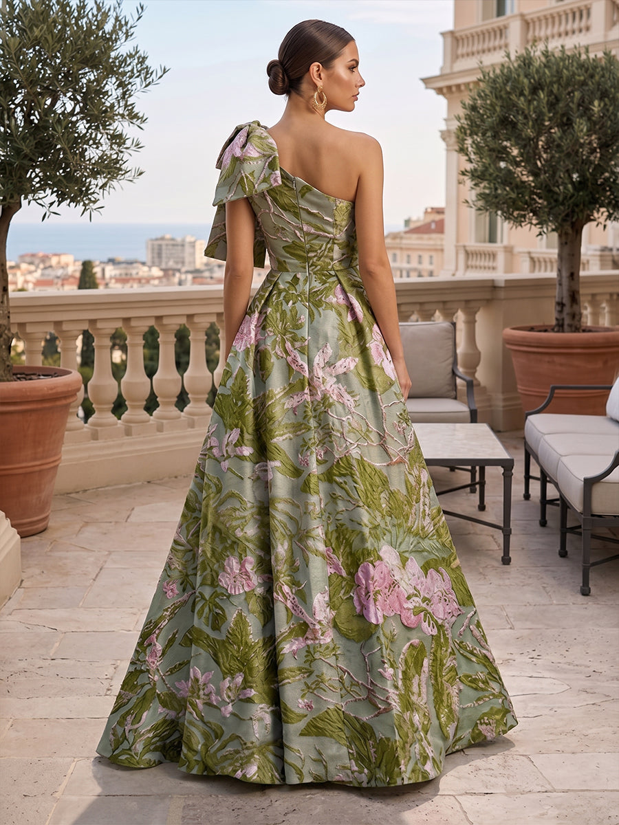 Jacquard A Line One Shoulder Bow Ruched Mother of the Bride Dresses