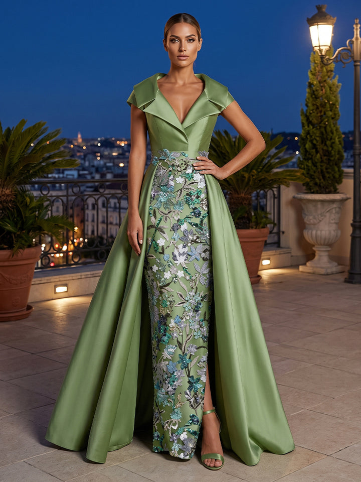 Sequin Floral A Line V Neck Pleats Ruched Evening Dresses