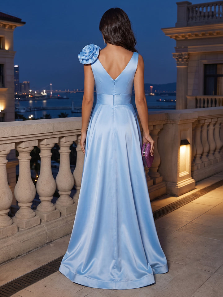 Satin A Line V Neck 3D Flowers Ruched Evening Dresses