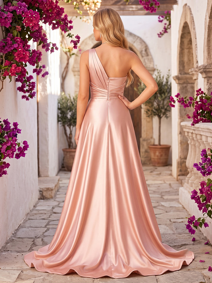 Satin A Line One Shoulder Pleats Ruched Evening Dresses