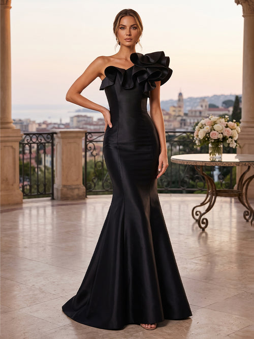 Satin Mermaid One Shoulder Ruffles Ruched Evening Dresses